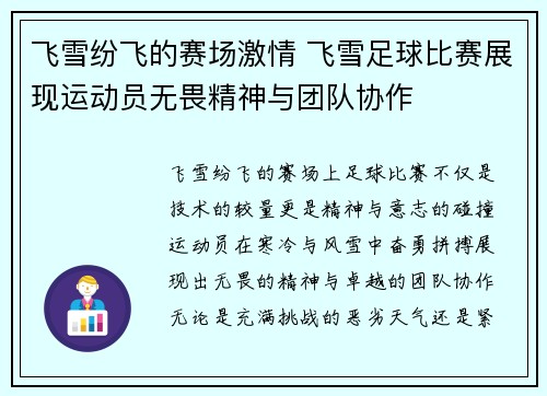飞雪纷飞的赛场激情 飞雪足球比赛展现运动员无畏精神与团队协作
