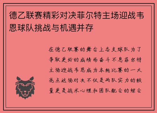 德乙联赛精彩对决菲尔特主场迎战韦恩球队挑战与机遇并存
