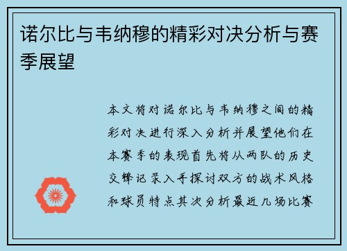 诺尔比与韦纳穆的精彩对决分析与赛季展望