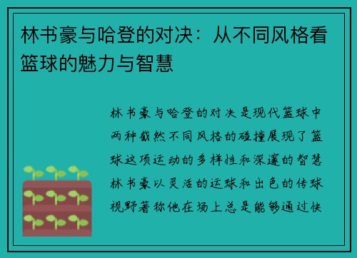 林书豪与哈登的对决：从不同风格看篮球的魅力与智慧