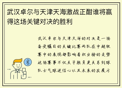 武汉卓尔与天津天海激战正酣谁将赢得这场关键对决的胜利