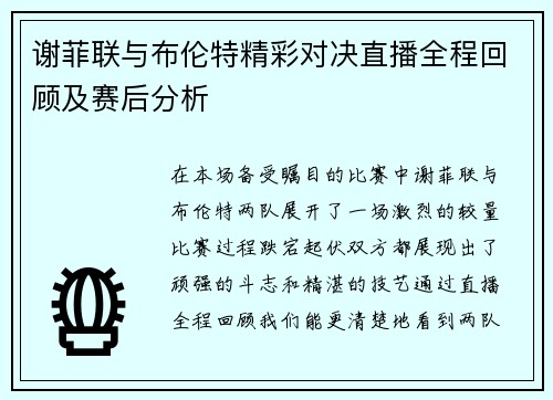 谢菲联与布伦特精彩对决直播全程回顾及赛后分析