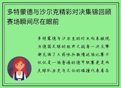多特蒙德与沙尔克精彩对决集锦回顾赛场瞬间尽在眼前