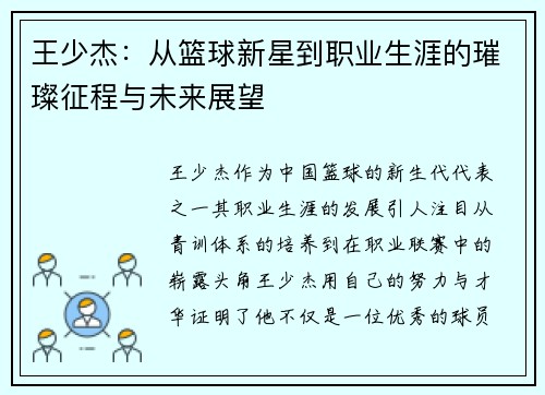 王少杰：从篮球新星到职业生涯的璀璨征程与未来展望
