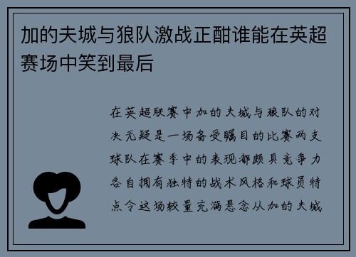 加的夫城与狼队激战正酣谁能在英超赛场中笑到最后
