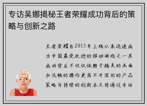 专访吴娜揭秘王者荣耀成功背后的策略与创新之路