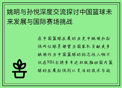 姚明与孙悦深度交流探讨中国篮球未来发展与国际赛场挑战