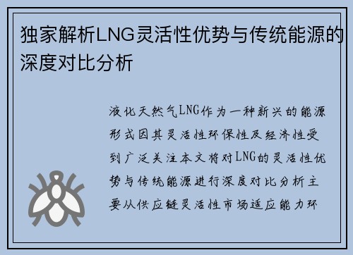 独家解析LNG灵活性优势与传统能源的深度对比分析